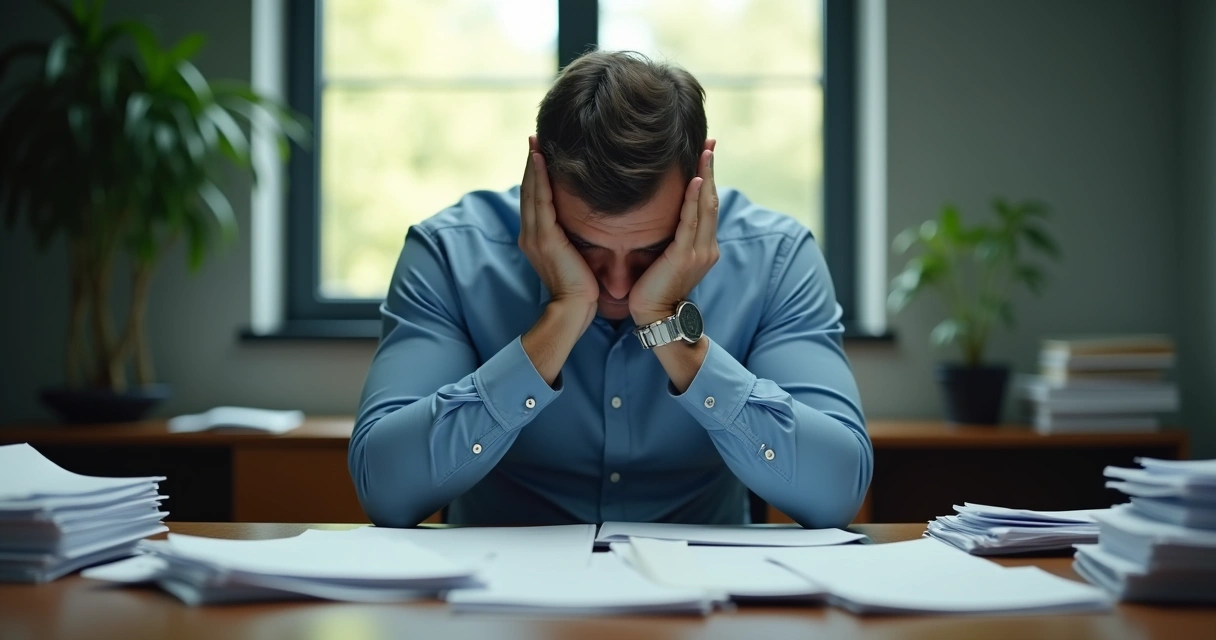 Homem sentado segurando a cabeça, refletindo diante de muitos papéis empilhados