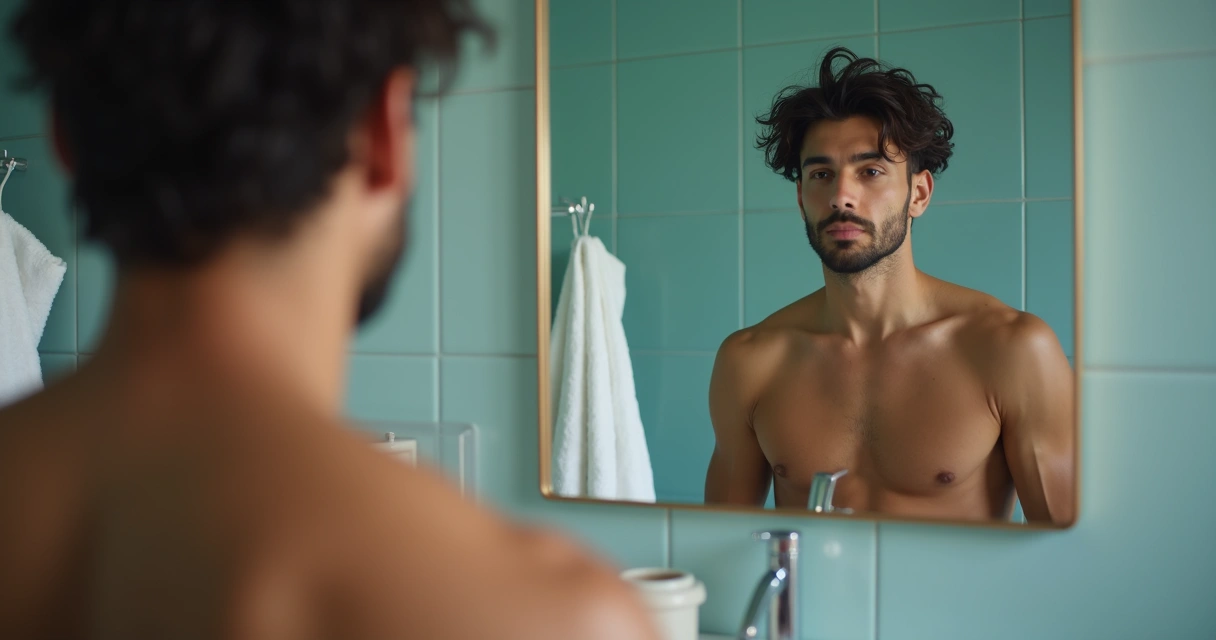 Homem sozinho diante do espelho refletindo sobre saúde reprodutiva 