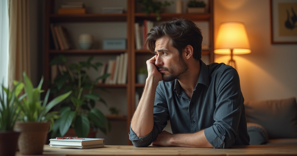 Homem sentado refletindo com expressão pensativa em mesa com ambiente aconchegante ao fundo 