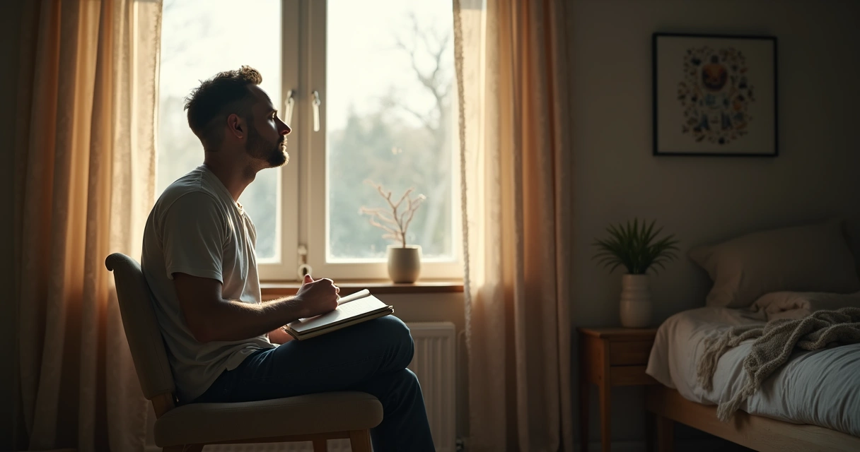 Homem sentado sozinho olhando pela janela reflexivo 