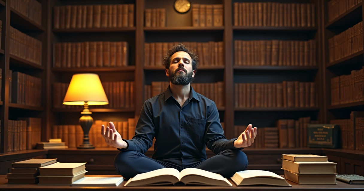 Homem sentado em posição meditativa, olhos fechados, cercado por livros.
