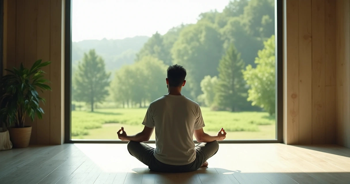 Homem sentado em posição meditativa olhando para a natureza pela janela. 