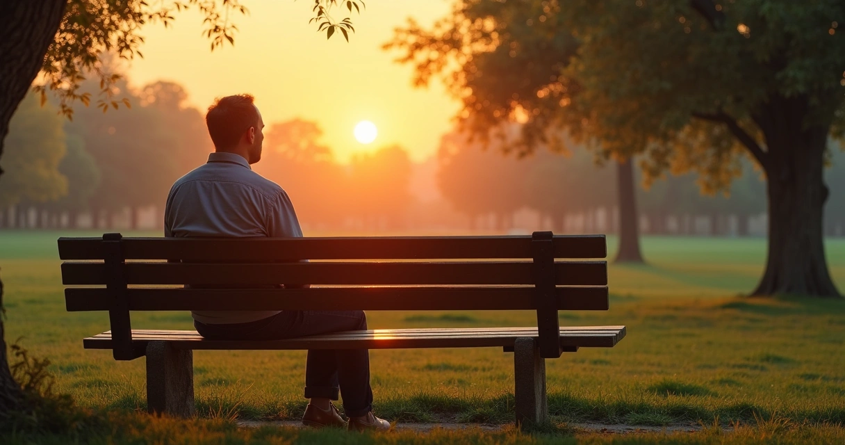 Homem sentado em silêncio em um parque, olhando para o horizonte 