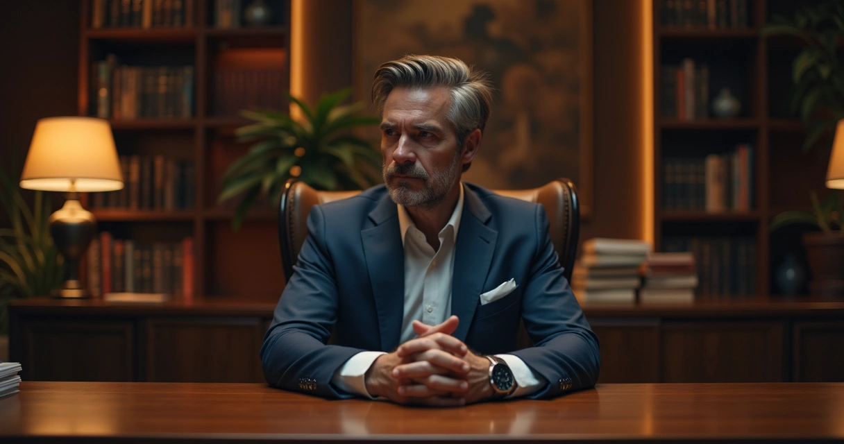 Homem sentado à mesa em ambiente luxuoso, pensativo e introspectivo, cenário sofisticado com iluminação suave 