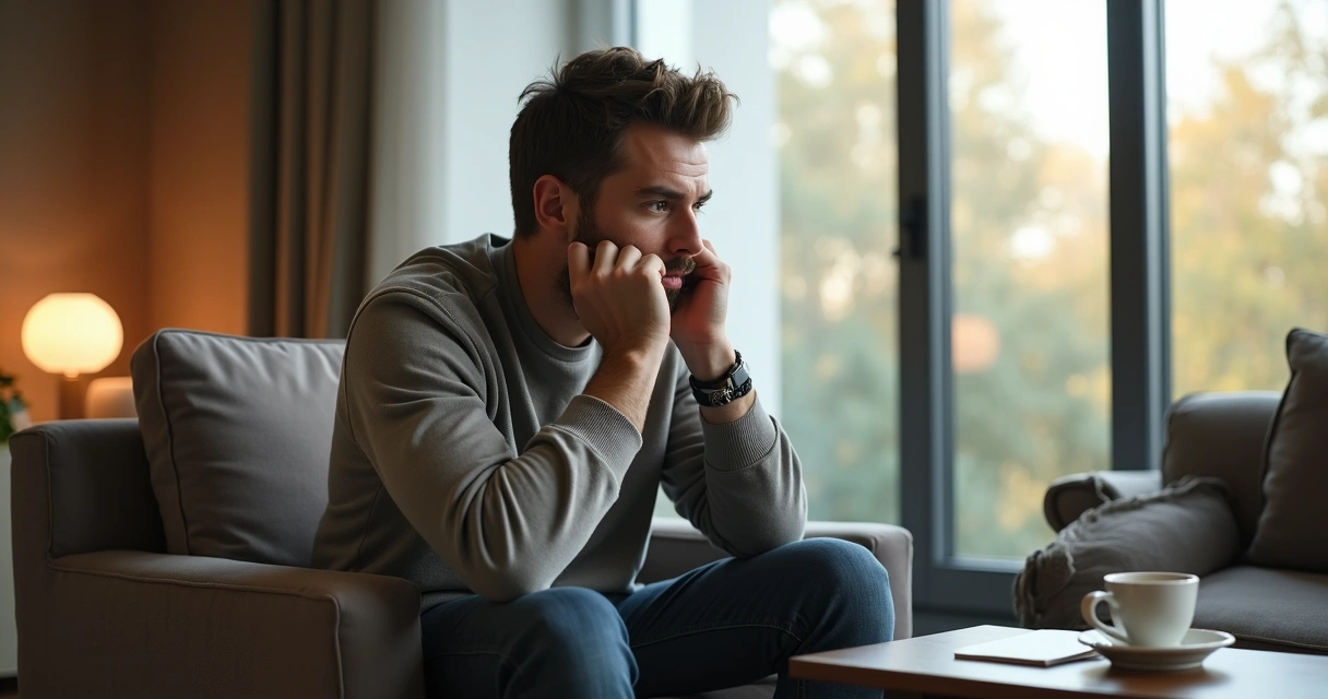 Homem sentado, mãos no rosto, refletindo em um ambiente tranquilo