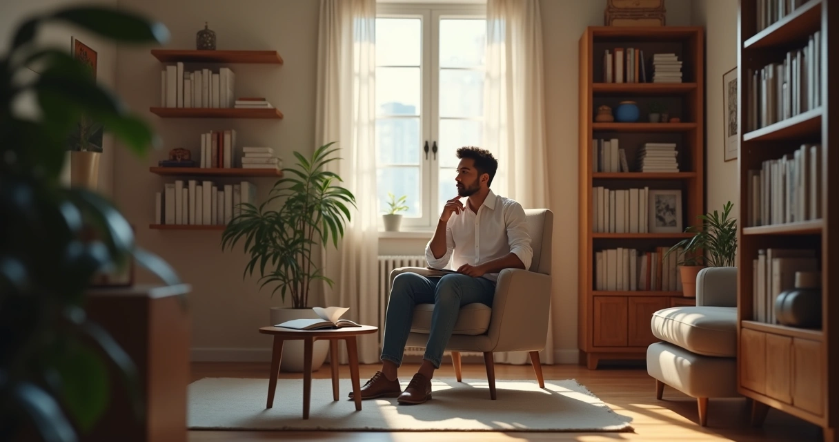 Homem sentado pensativo em ambiente tranquilo, refletindo sobre críticas 