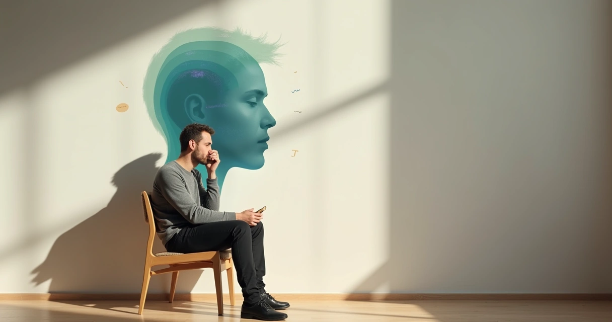 Homem sentado refletindo com silhueta dividida em várias camadas emocionais 