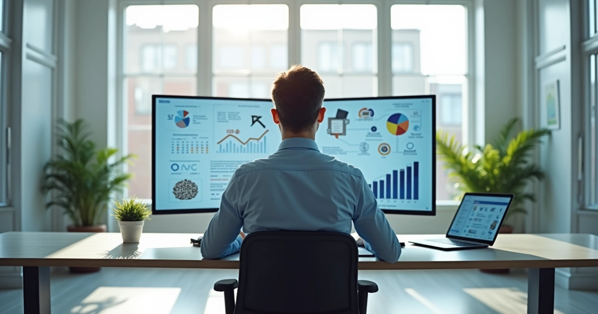 Homem sentado em mesa moderna, computador aberto exibindo gráficos e ícones de inteligência artificial, ambiente de escritório bem iluminado com plantas e decoração minimalista 