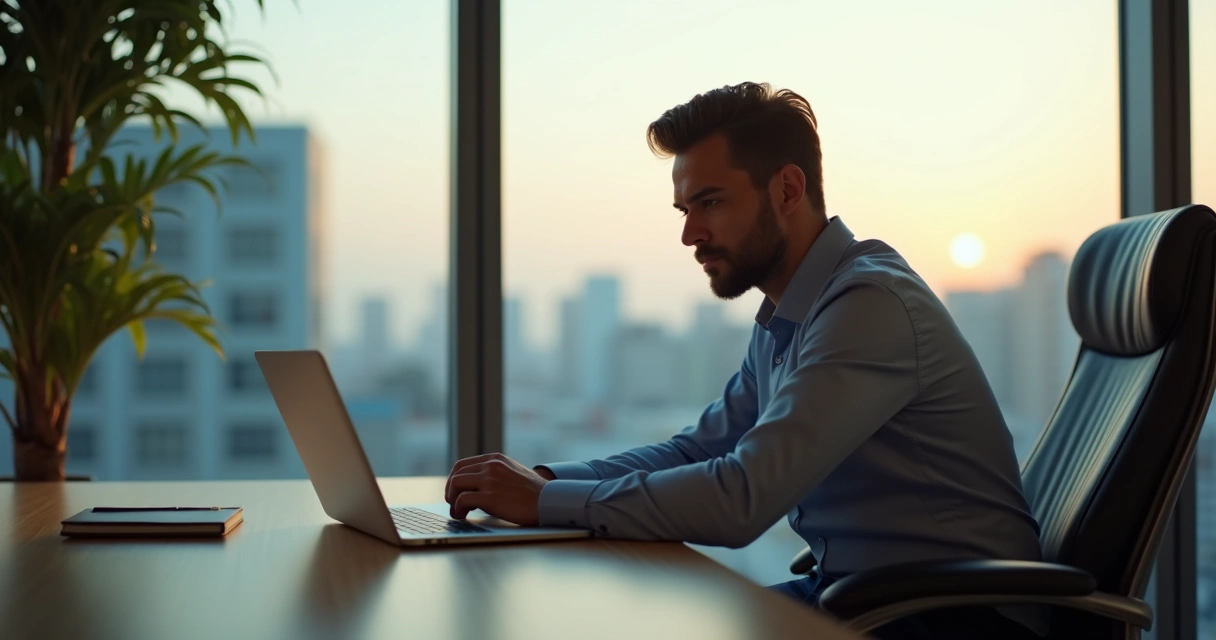 Homem sentado refletindo em cadeira de escritório