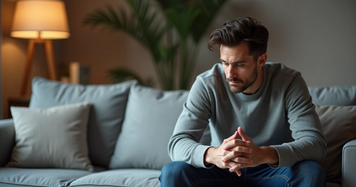 Homem sentado em sofá, olhando para baixo, expressão pensativa 