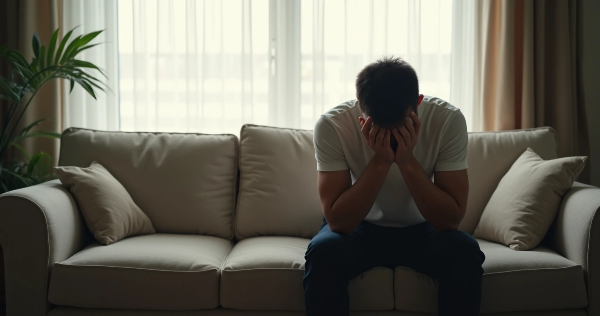 Homem sentado no sofá refletindo em silêncio 