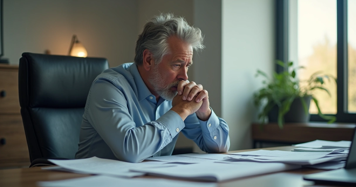 Homem refletindo sentado em uma cadeira, olhando para baixo, em um escritório com luz suave à tarde 