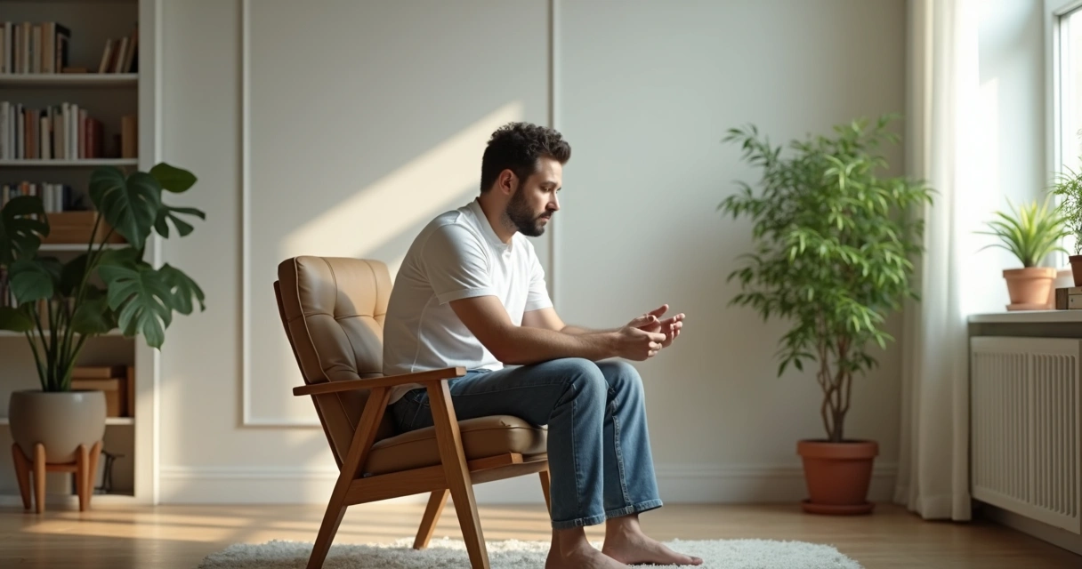 Homem sentado refletindo em um ambiente claro e tranquilo 
