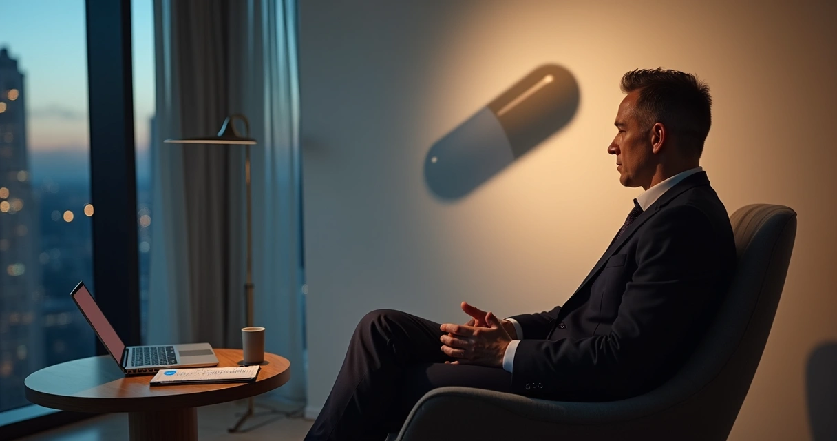 Executivo sentado em poltrona moderna encarando sombra projetada de comprimido gigante na parede 