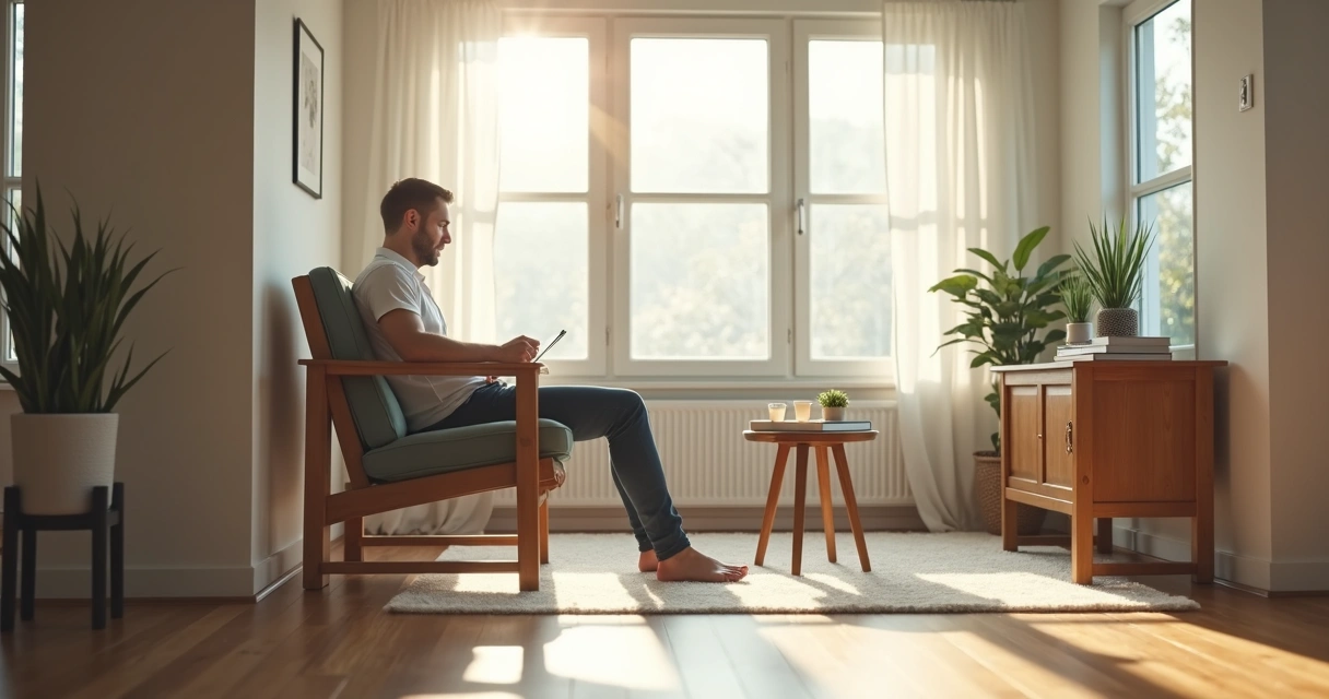 Homem sentado refletindo sozinho numa sala bem iluminada. 