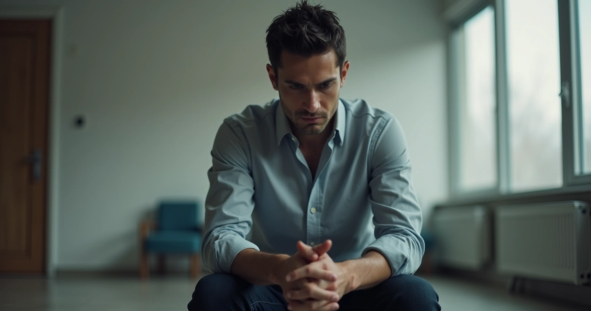 Homem adulto sentado sozinho em ambiente sóbrio, refletindo com expressão serena e concentração 