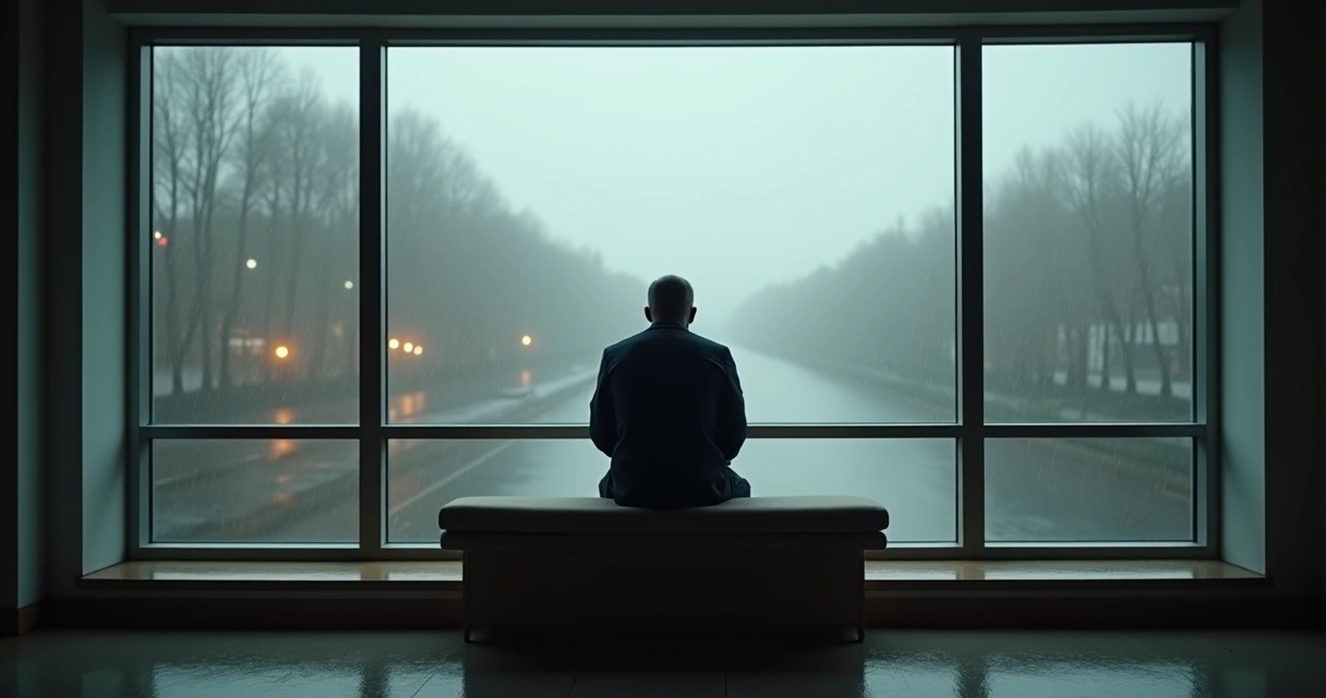 Homem de costas sentado sozinho olhando pela janela 