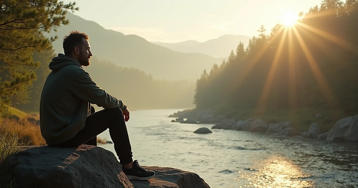 Homem sentado em pedra refletindo olhando a paisagem natural 