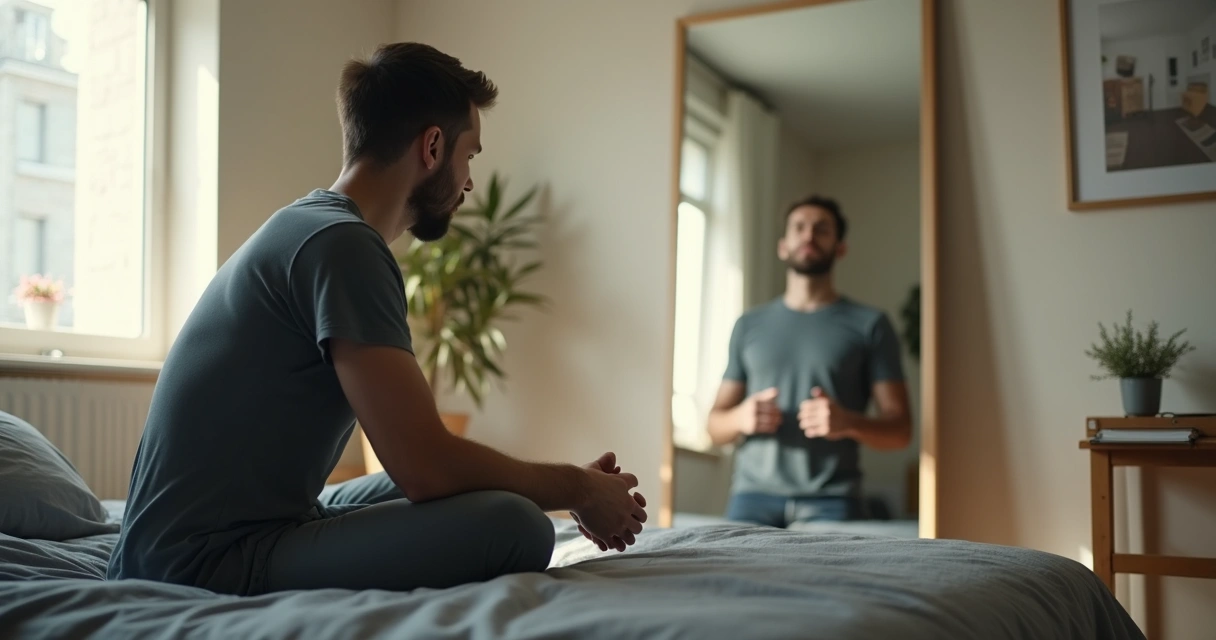 Homem sentado refletindo diante de um espelho com versão confiante de si mesmo 