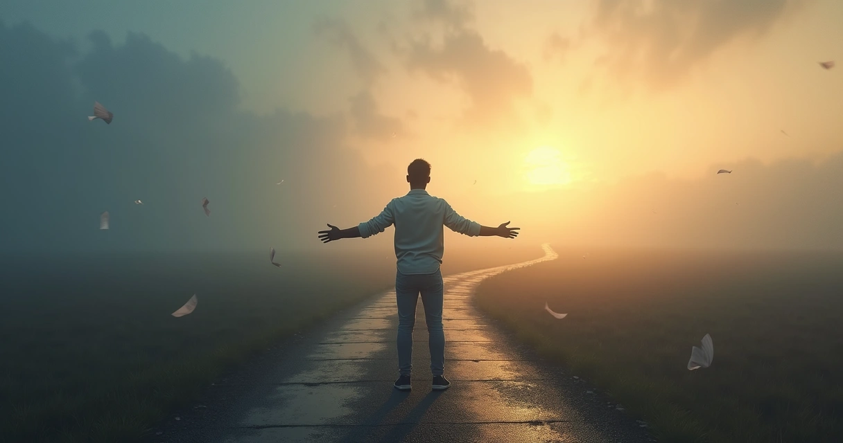 Pessoa parada em encruzilhada entre sombra e luz 