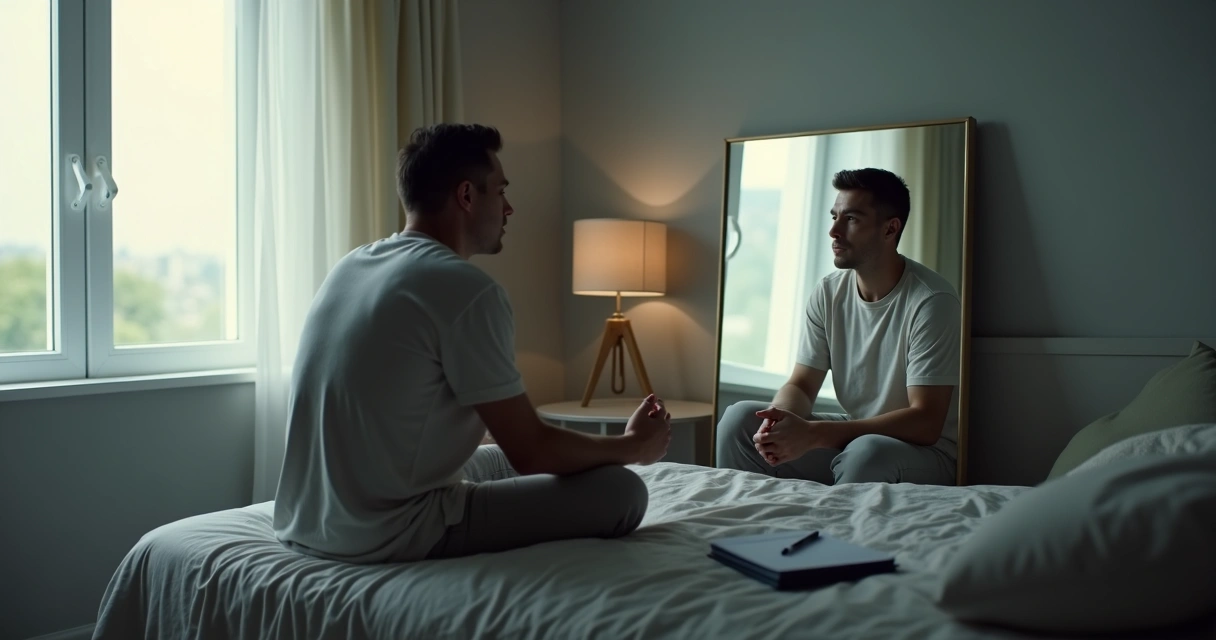 Homem pensativo diante do espelho com reflexo fragmentado 