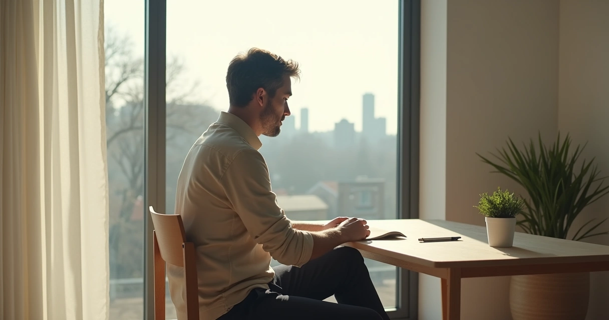 Homem sentado refletindo diante de janela grande com luz suave 
