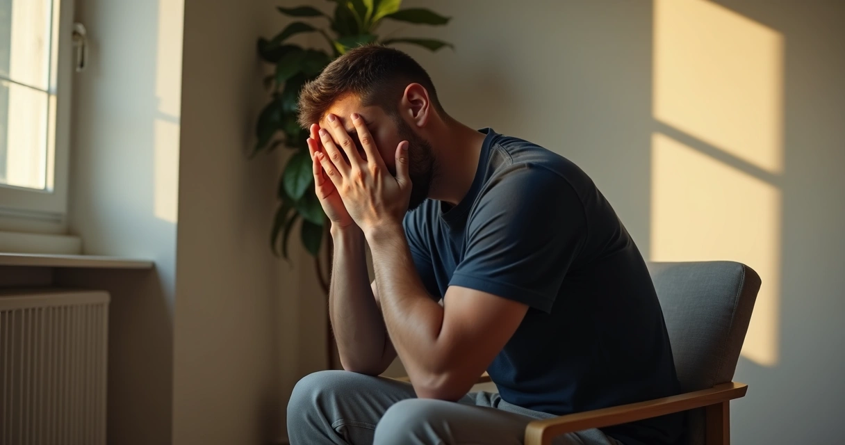 Homem sentado em reflexão com luz suave iluminando o rosto 