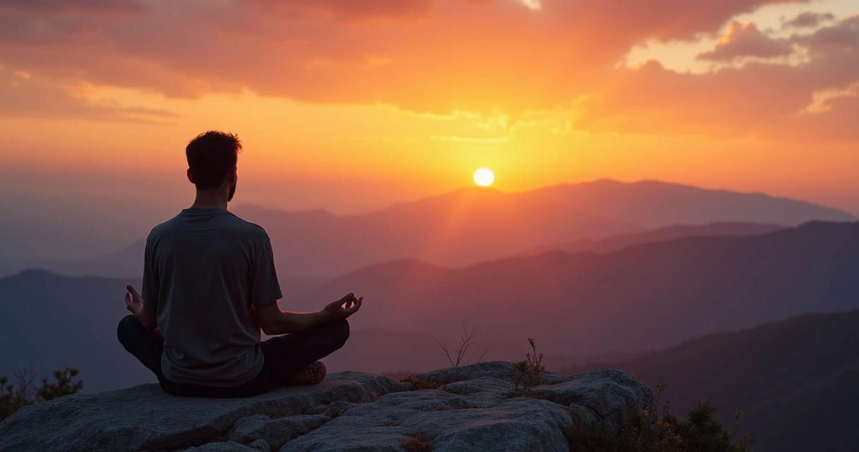Homem sentado meditando em montanhas ao pôr do sol 