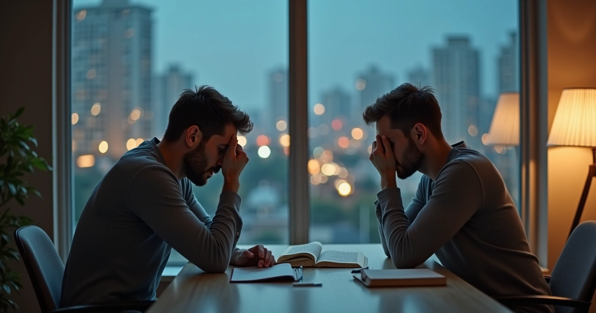 Homem pensativo diante de vidro rachado refletindo duas versões de si mesmo 