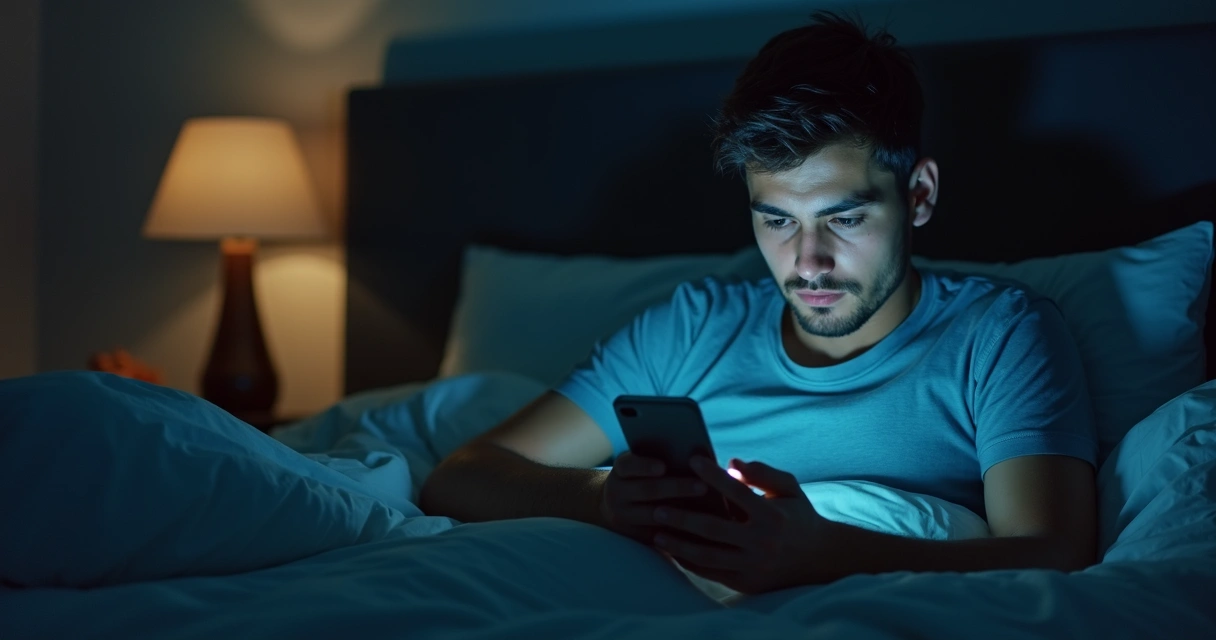 Homem olhando celular durante à noite, expressão pensativa, luz baixa e ambiente escuro