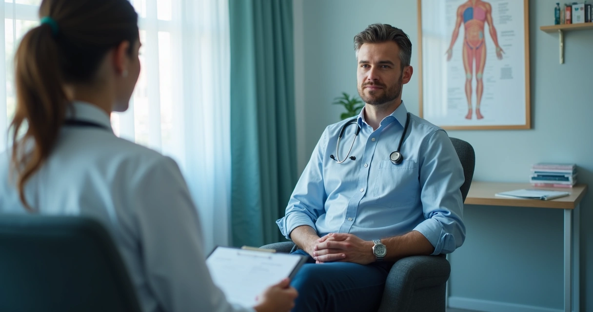 Homem sentado em consultório durante conversa médica 