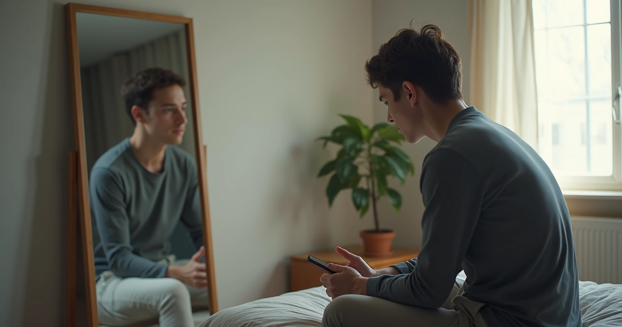 Adulto sentado diante do espelho encarando o próprio reflexo com expressão pensativa 