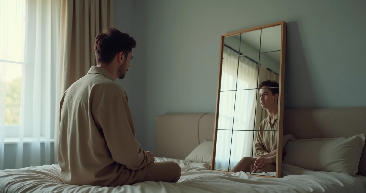 Adulto pensativo em frente ao espelho dividido em múltiplos reflexos 