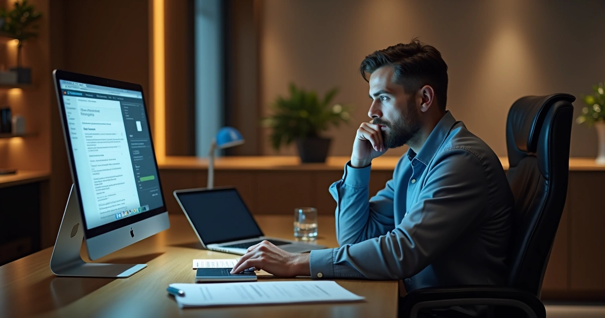 Homem sentado num escritório moderno, olhando pensativo para a tela do computador, ambiente de alto padrão com iluminação suave e detalhes elegantes 