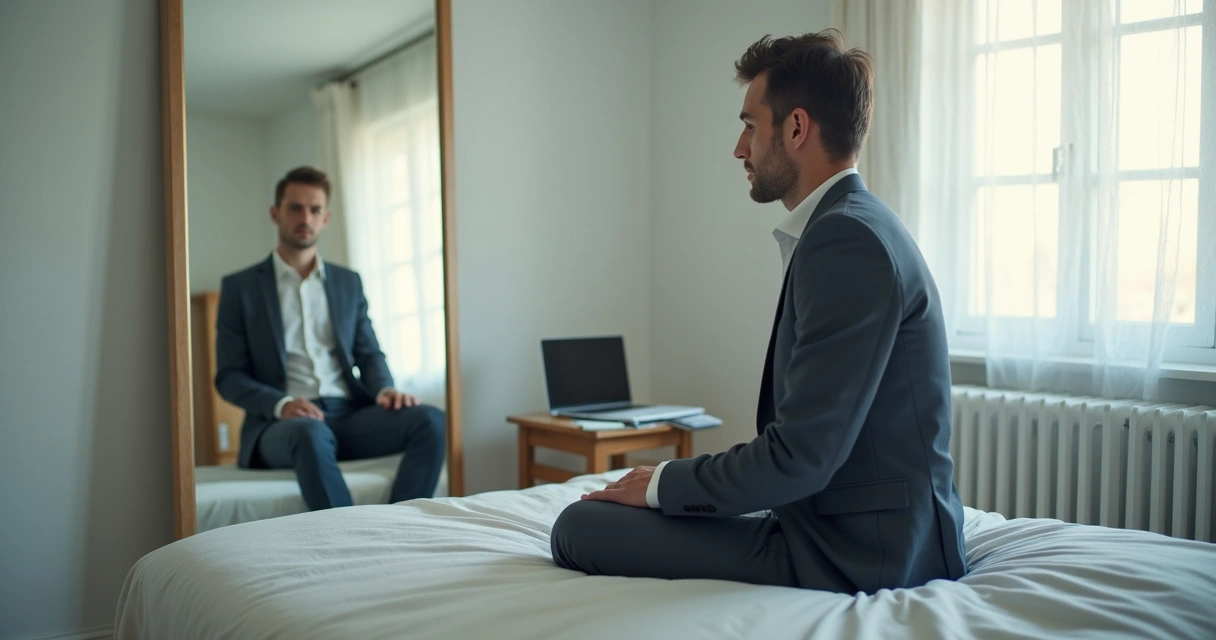 Homem sentado diante de um espelho com expressão reflexiva 