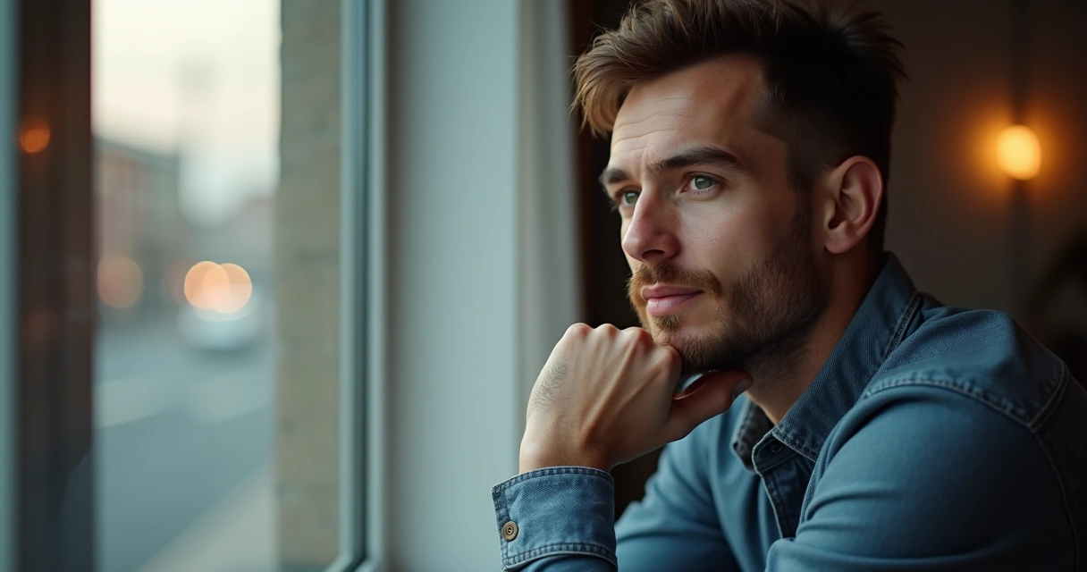 Homem olhando pensativo pela janela com luz natural 