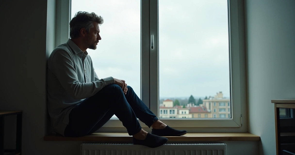 Homem olhando pensativo através de uma janela 