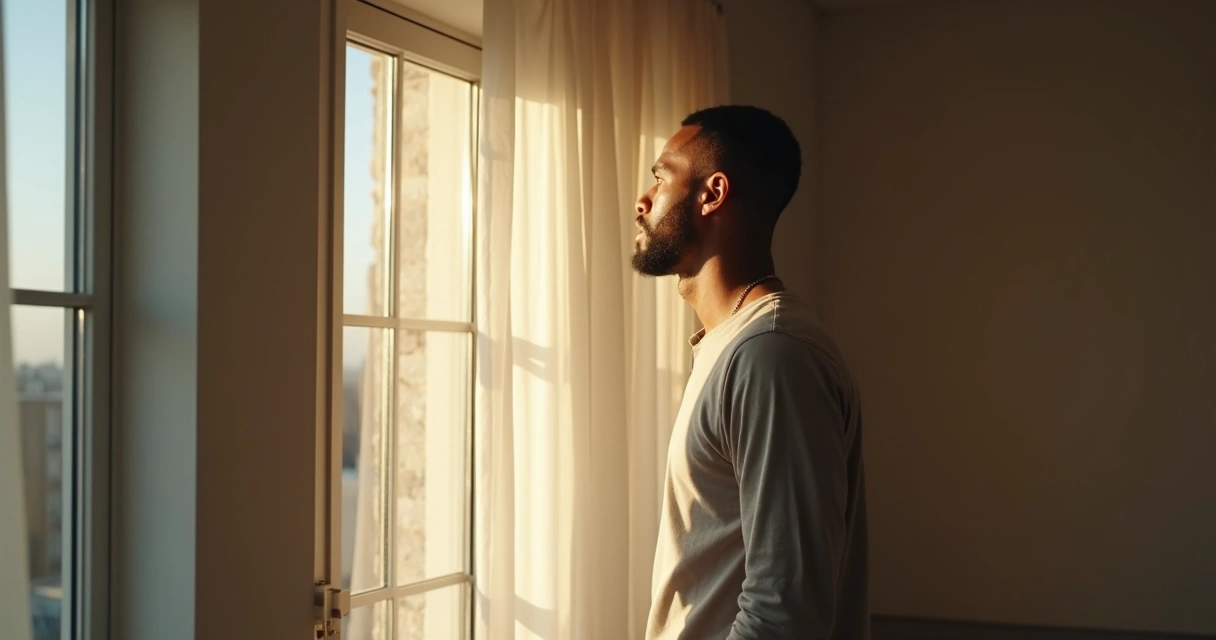 Homem olhando através de uma janela, pensativo 