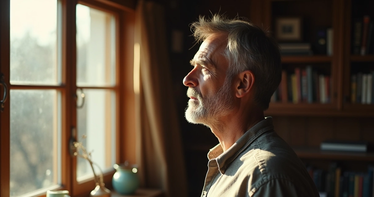 Homem olhando para fora da janela, pensativo 