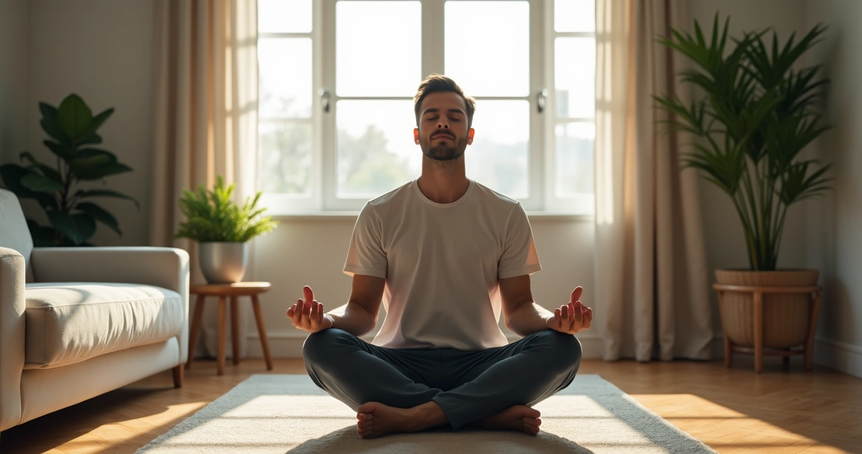 Homem sentado de pernas cruzadas, olhos fechados, em estado de meditação em uma sala tranquila 