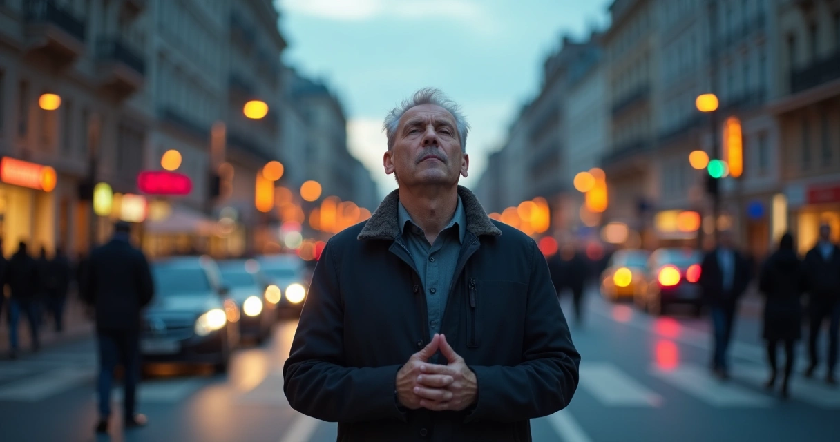 Homem parado em uma rua movimentada, em atitude de reflexão 