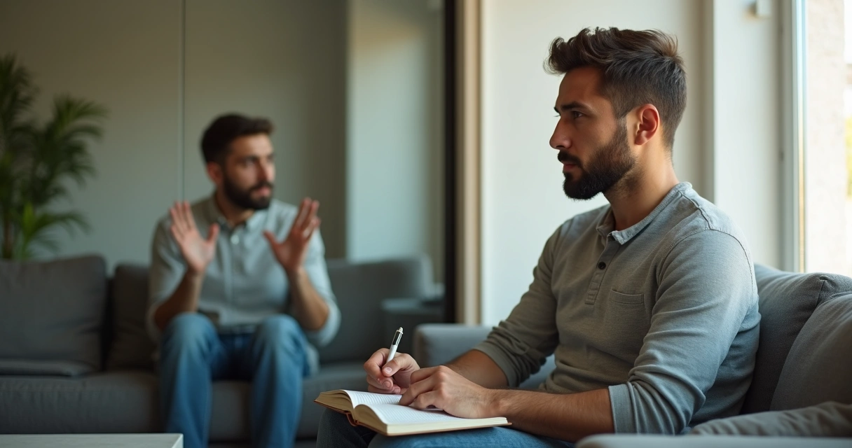 Homem sentado refletindo diante de um reflexo distorcido em vidro 