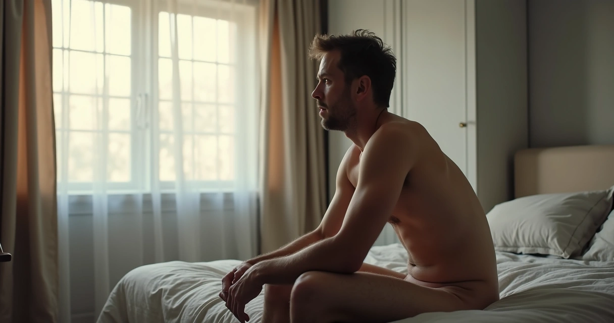Homem sentado na cama em postura reflexiva 