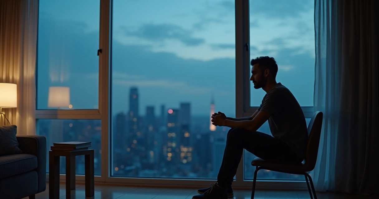 Homem sentado olhando o reflexo na janela 