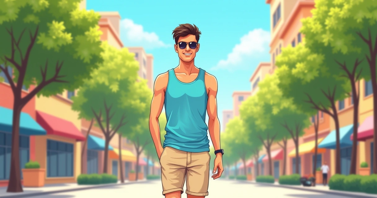 Homem usando regata e bermuda casual caminhando em rua ensolarada