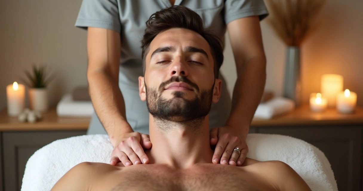 Homem relaxado recebendo massagem em ambiente seguro 