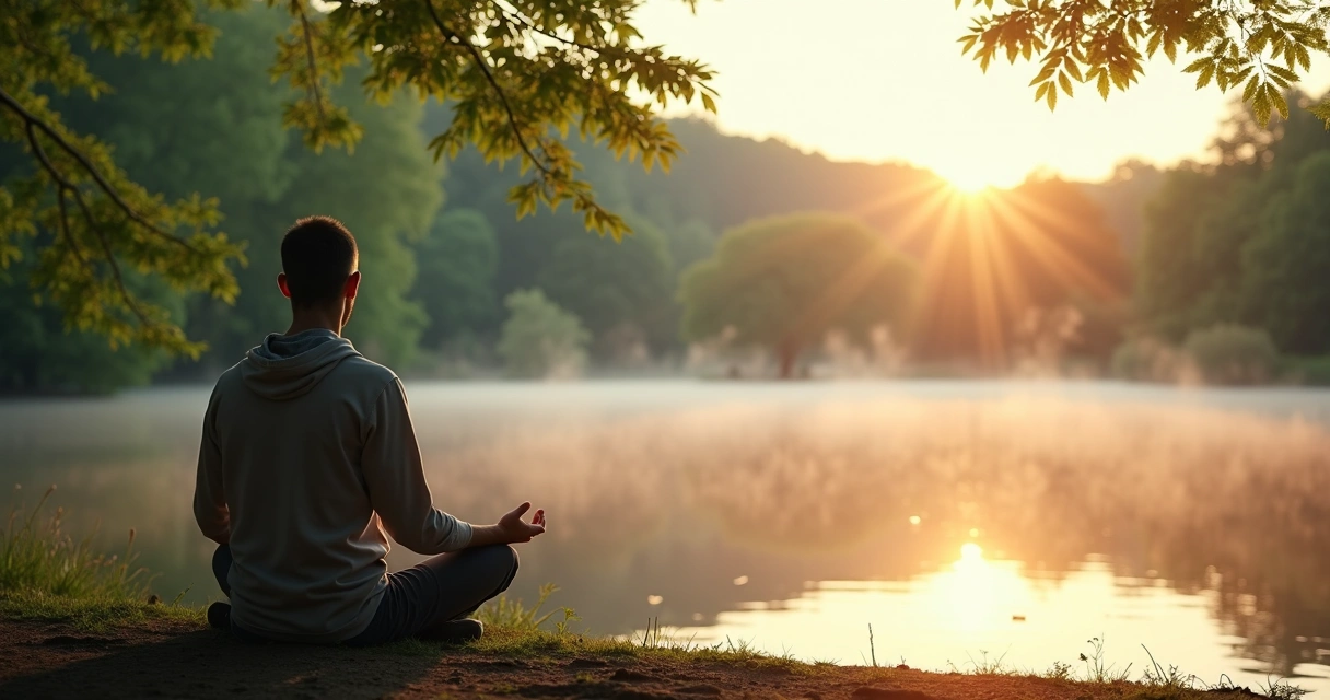 Homem sentado em posição de meditação à beira de um lago rodeado por árvores 