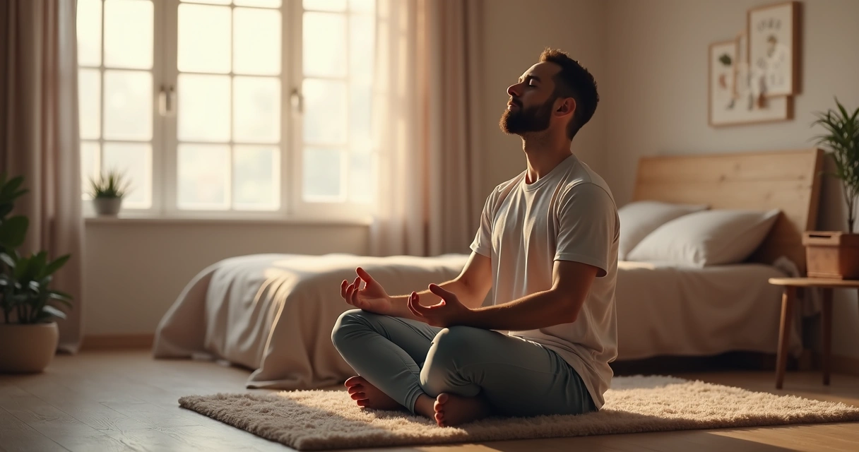 Homem relaxando e fazendo exercícios de respiração antes de dormir 