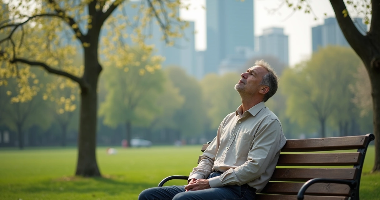 Homem relaxando sentado em banco de parque urbano 