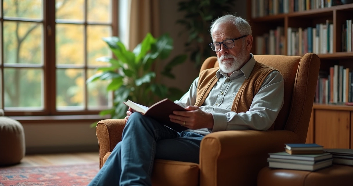 Homem sentado relendo um diário com expressão de reflexão